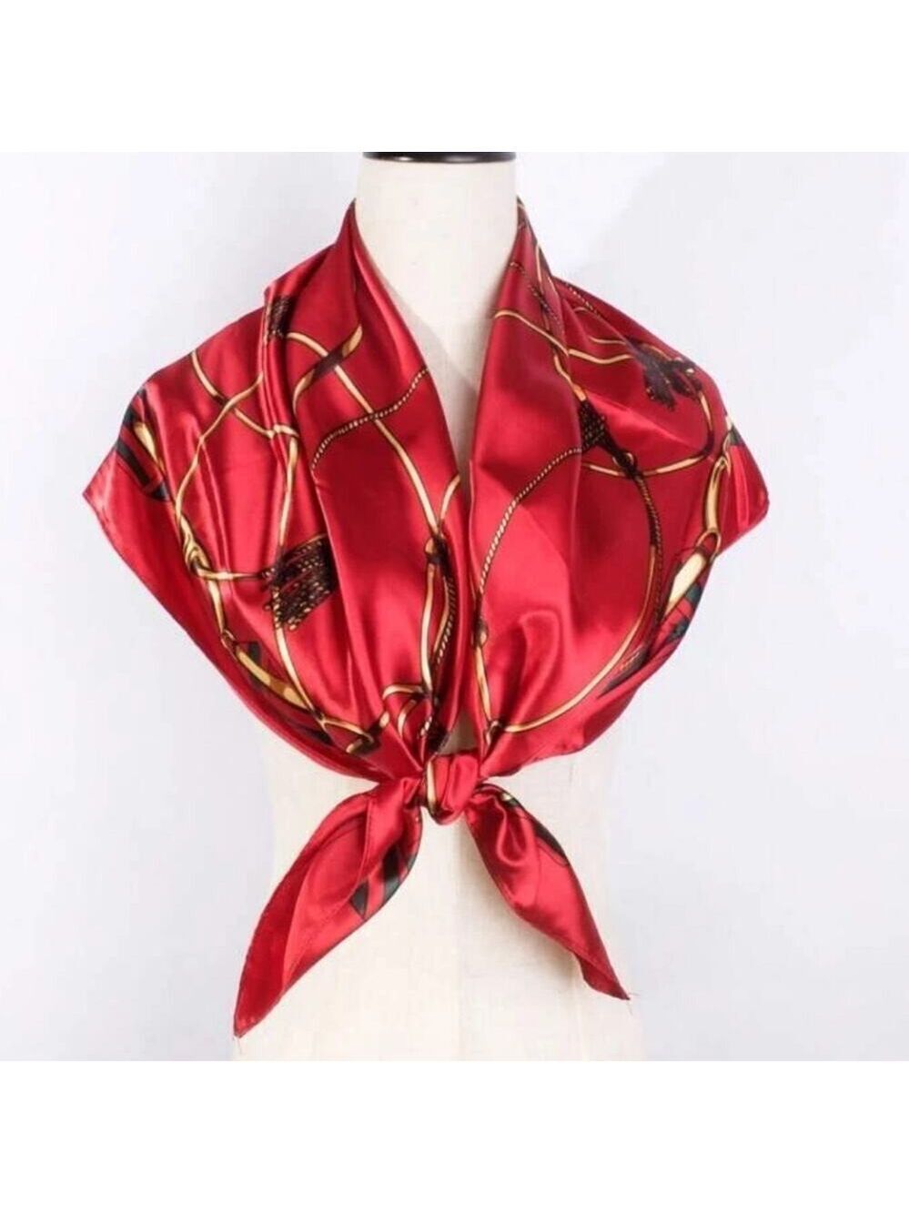 Chain Scarf Vintage Style Horse Satin Head Red Scarf Bandana - Picture 9 of 9